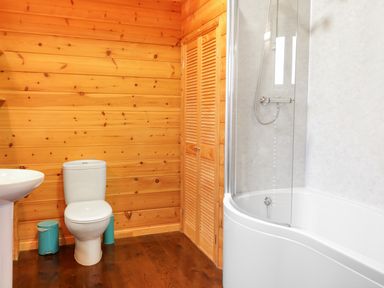 A bathroom with a toilet sink blue trash can and a bathtub with shower at Holly Lodge Lanivet near Bodmin