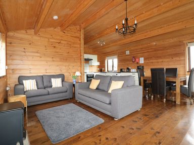A living area with two gray sofas a gray rug a wooden dining table with six black chairs and a kitchen in a wooden cabin at Holly Lodge Lanivet near Bodmin
