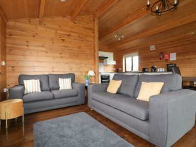 A living room with two grey sofas cushions a grey rug wooden walls and ceiling with a view into a kitchen at Holly Lodge in Lanivet near Bodmin