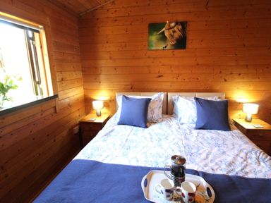 A bedroom with a double bed blue pillows and a tray with a French press and mugs on the bed at Hazel Lodge Lanivet near Bodmin