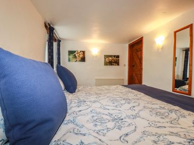 A bedroom with patterned bedspread blue pillows wooden door and animal paintings at Sunnywell Lanivet near Bodmin