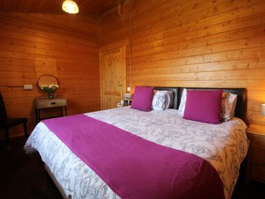 A bedroom with a double bed with patterned bedding and purple pillows and blanket at Cherry Lodge Lanivet near Bodmin