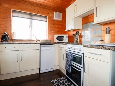 A kitchen with white cabinets a dishwasher a microwave and a stove with wooden walls at Maple Lodge in Lanivet near Bodmin