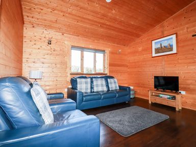 A living room with blue leather sofas a gray rug a wooden TV stand with a TV and board games a window and wooden walls at Maple Lodge Lanivet near Bodmin