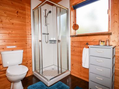 A bathroom with a toilet, glass shower enclosure, chest of drawers, and window at Maple Lodge in Lanivet near Bodmin