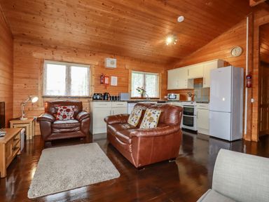 A living area with leather armchairs a rug a kitchen with white cabinets and appliances at Cedar Lodge in Lanivet near Bodmin