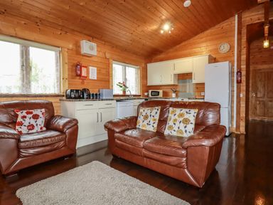 A living room with brown leather sofas and a kitchen with white cabinets and appliances at Cedar Lodge in Lanivet near Bodmin