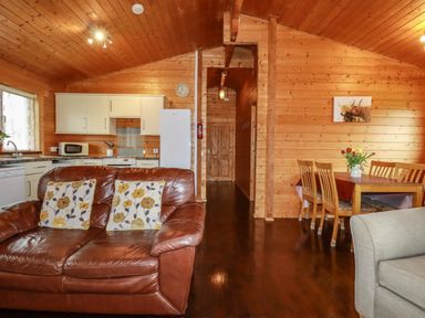 An open plan wooden kitchen and dining area with a brown leather sofa and wooden dining table with chairs at Cedar Lodge in Lanivet near Bodmin