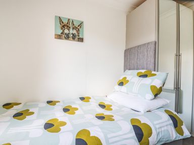 A single bed with floral patterned bedding next to a mirrored wardrobe and a painting of two donkeys on the wall at Hunrosa in St Day