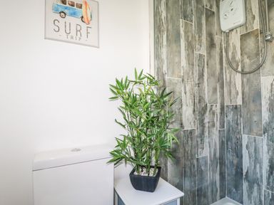 A bathroom with a toilet a potted plant on a cabinet and a shower with a tiled wall at Hunrosa in St Day