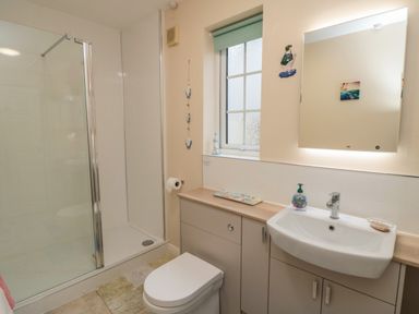 A bathroom with a shower cubicle toilet sink and illuminated mirror at Richmond Cottage in Burythorpe near Malton