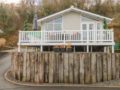A small house with a white railing and potted plants on a raised wooden platform surrounded by trees at The Lookout in Stepaside