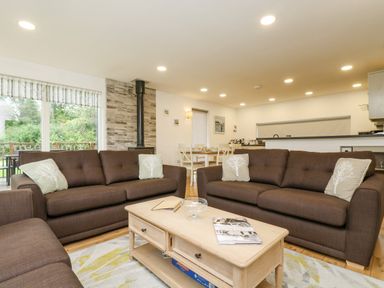 A living room with brown sofas a wooden coffee table and a dining area at Birch in Truro