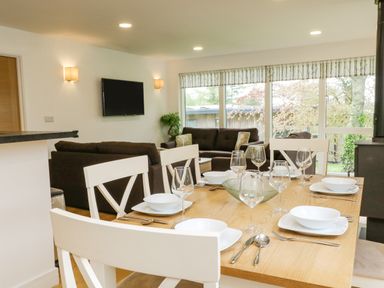 A dining table set with white dishes and glasses in front of a living room with sofas and a TV at Birch in Truro