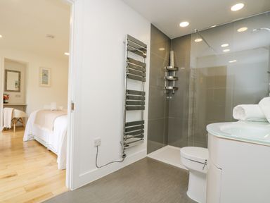 A bathroom with a shower, toilet, sink with towels, and a towel radiator next to a bedroom at Birch in Truro