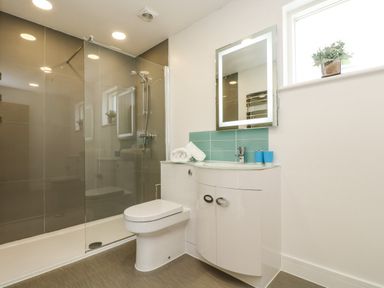 A bathroom with a toilet shower with glass door sink with cabinet mirror and window with plant at Birch in Truro