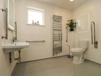 A bathroom with a toilet sink heated towel rail and plants at Birch in Truro