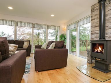 A living room with brown sofas a wood burning stove and large windows overlooking trees at Elm in Truro