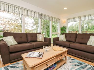 A living room with two brown sofas, green pillows with tree designs, a wooden coffee table with books and a glass bowl, and large windows with blinds at Elm in Truro