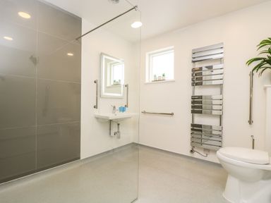 A bathroom with a glass shower screen a wall-mounted sink and mirror a toilet and a chrome towel radiator at Elm in Truro