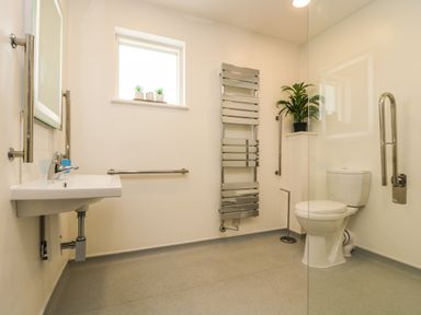 A bathroom with a sink mirror toilet towel rail window and potted plants at Elm in Truro