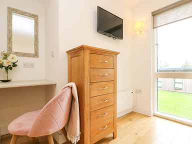 A room corner with a wooden chest of drawers a pink chair a wall-mounted TV a mirror and a window showing grass at Elm in Truro