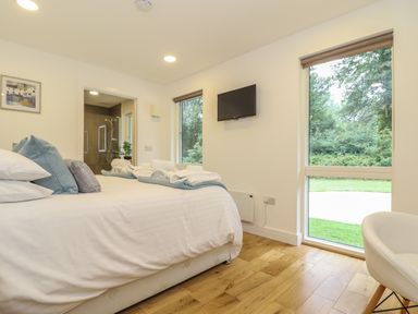 A bedroom with a bed, pillows, folded towels, wooden floor, wall-mounted TV, and a window showing greenery at Hazel in Truro