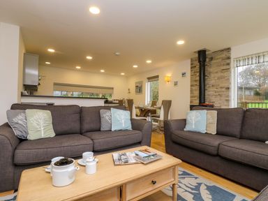 A living room with two brown sofas and a wooden coffee table next to a dining area at Juniper in Truro