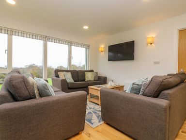 A living room with brown sofas a wooden coffee table a wall mounted television and large windows at Juniper in Truro