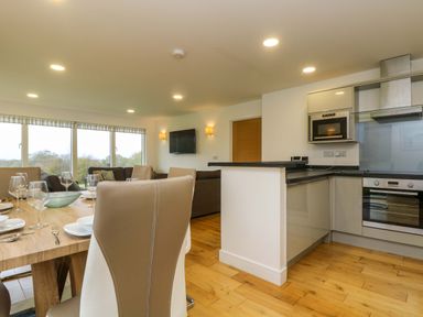 A dining table with chairs set with plates and glasses next to a kitchen with appliances and a living area with sofas and a wall-mounted TV at Juniper in Truro