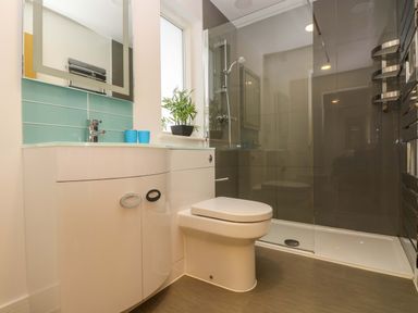 A bathroom with a toilet a sink with blue cups a mirror a plant and a walk in shower at Juniper in Truro