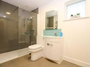 A bathroom with a shower enclosure toilet sink vanity mirror and small plants on the window at Juniper in Truro