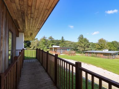 A wooden balcony overlooking grass and gravel path with two modern wooden cabins at Juniper in Truro