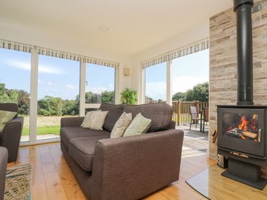 A living room with a brown sofa near large windows and a black wood-burning stove at Rowan in Truro