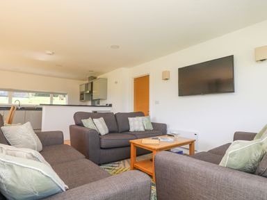 A living room with grey sofas a wooden coffee table and a wall mounted TV at Rowan in Truro