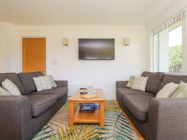 A living room with two gray sofas facing a wall-mounted TV and a wooden coffee table on a patterned rug at Rowan in Truro
