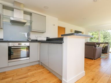 A kitchen with oven and cabinets next to a living room with sofas and large windows at Rowan in Truro