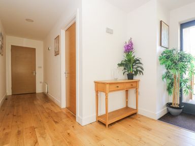 A hallway with wooden floors a wooden console table with a glass vase and potted plant by a black door with a potted tree at Rowan in Truro