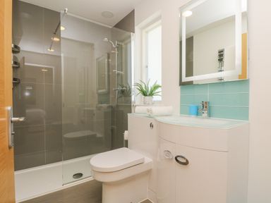 A bathroom with a shower with glass doors a white toilet a curved white cabinet with a sink a mirror a small window and a potted plant at Rowan in Truro