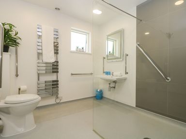 A bathroom with a toilet sink mirror towel rack and shower area at Rowan in Truro