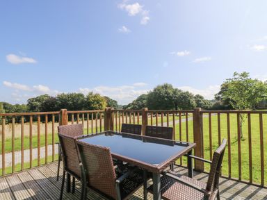 A patio with a glass top table and six chairs overlooking a grassy area with trees at Rowan in Truro