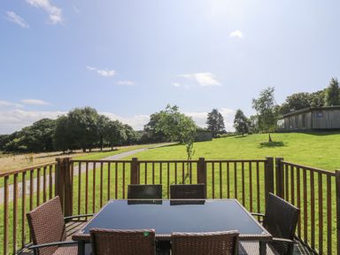An outdoor patio with a glass table and six chairs overlooking a grassy area with trees and modern buildings at Rowan in Truro