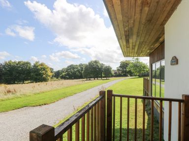 A porch with wooden railing overlooking a gravel path and green lawn with trees at Rowan in Truro
