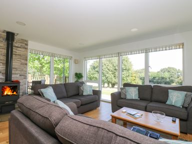 A living room with sofas pillows fireplace and large windows overlooking trees at Willow in Truro