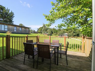 A wooden deck with a glass table and six chairs overlooking grassy area with modern cabins at Willow in Truro