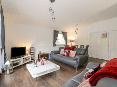A living room with sofas a coffee table and a television at Sunset Lodge in Tattershall