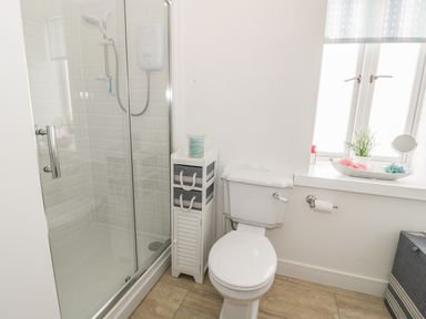 A bathroom with a glass shower enclosure a white toilet a small cabinet next to the toilet and a window sill with decorations at Skovhaven in Catton