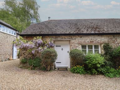 An exterior view of a cottage with a white door and plants at Pottery Barn in Branscombe