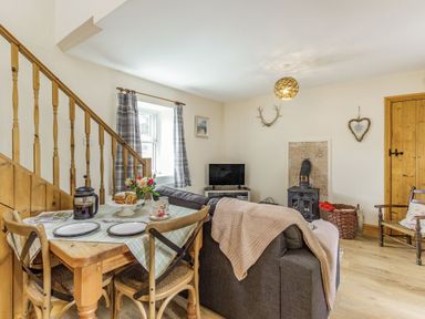 A living room with a wooden dining table and chairs a sofa with a throw a wood stove and a television at Briar Cottage in Edlingham