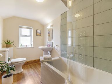 A bathroom with a bathtub, toilet, sink, two potted plants, and a window at Briar Cottage in Edlingham